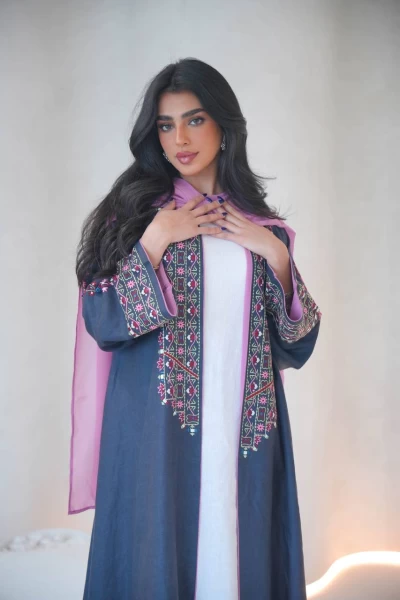 Linen abaya in navy blue with embroidery C:IB292